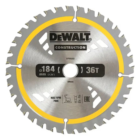 DeWalt 184 mm (7.25 inches) 36T circular saw blade, featuring a silver metallic body, yellow accent ring, and black brand logo.