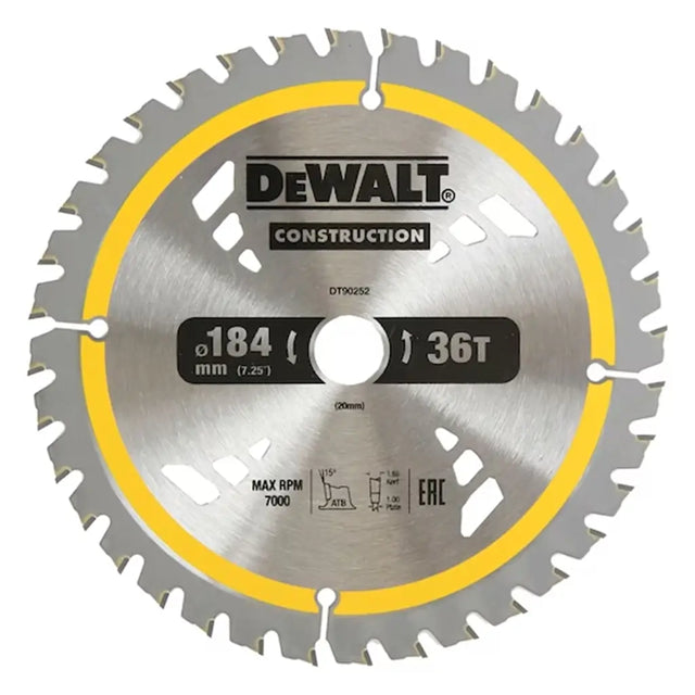 DeWalt 184 mm (7.25 inches) 36T circular saw blade, featuring a silver metallic body, yellow accent ring, and black brand logo.