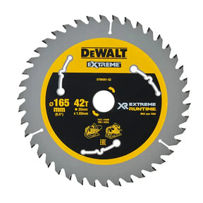 DeWalt Extreme 165 mm (6.5 in) 42T circular saw blade with a gray steel body, yellow outer ring, and black center label featuring the DeWalt logo and product specifications.