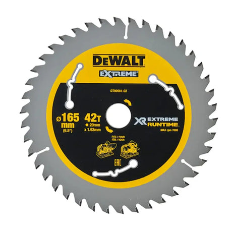 DeWalt Extreme 165 mm (6.5 in) 42T circular saw blade with a gray steel body, yellow outer ring, and black center label featuring the DeWalt logo and product specifications.