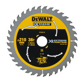 DeWalt Extreme XR Runtime 36T circular saw blade, 210 mm (8.25") in gray with a yellow and black branded center label, shown on a white background.