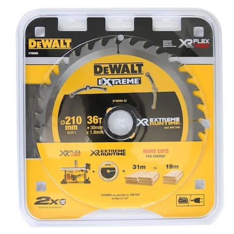 DeWalt XTreme Router Table Saw Bit in its original retail packaging, featuring a 210 mm circular saw bit with a yellow and black color scheme.