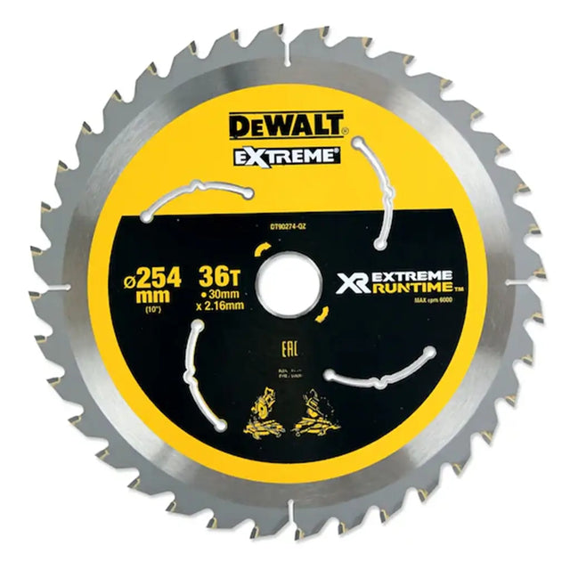 A DeWalt Extreme XR circular saw blade with a silver metal body, a yellow and black center label, and 36 teeth, shown on a plain white background.