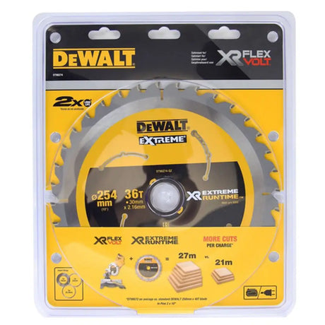 DeWalt XTreme Circular Saw blade in its original retail packaging, featuring a 254 mm (10 inch) circular saw blade with a yellow and black color scheme.