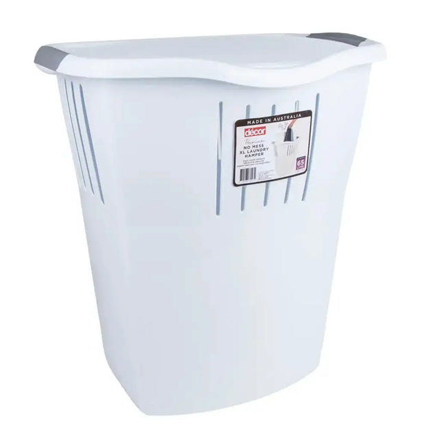 White laundry basket with a label on a white background