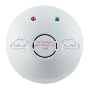 Ultrasonic pest repeller with red and green indicator lights on a white background