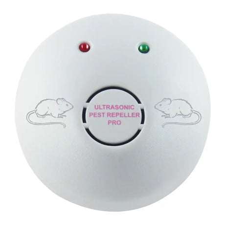 Ultrasonic pest repeller with red and green indicator lights on a white background