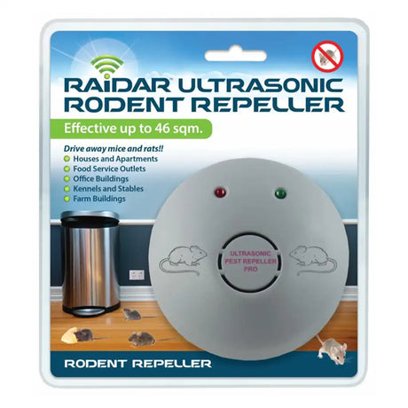 RAIDar Ultrasonic Rodent Repeller packaging with product image on a white background