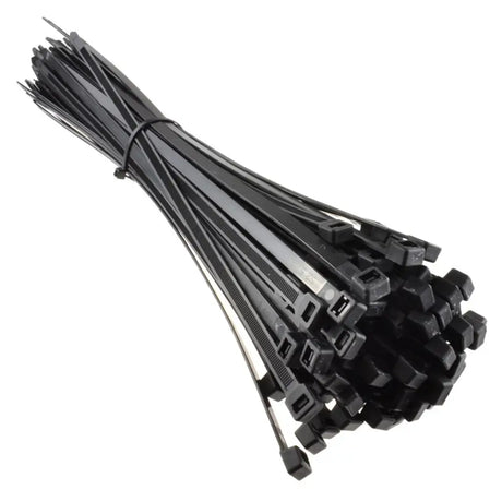 Black cable ties bundled together on a white background