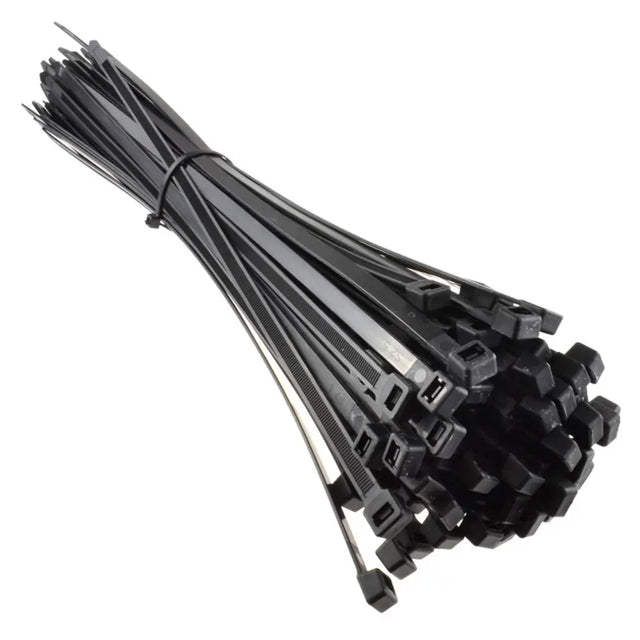 Black cable ties bundled together on a white background