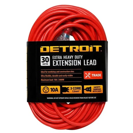 Red extension lead with 'Detroit' packaging on a white background