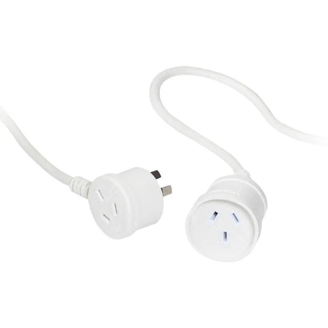 White electrical extension cord with plug on a white background