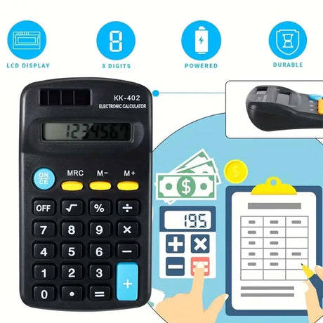 Black calculator with features highlighted on a blue background