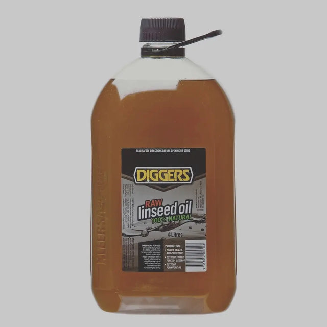 Bottle of Diggers raw linseed oil on a gray background
