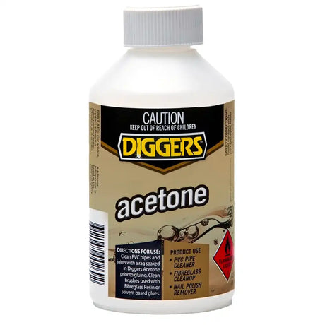 Diggers Acetone 250mL solvent in a white bottle with a screw cap and gold-and-black label