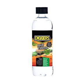 Bottle of Diggers paint cleanup solution on a white background