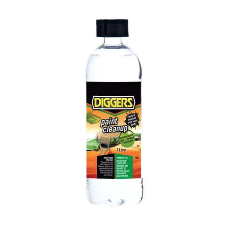 Bottle of Diggers paint cleanup solution on a white background