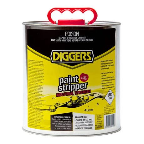 Diggers paint stripper can with yellow label and red handle on a white background