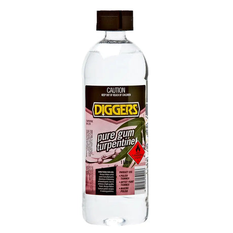 Bottle of Diggers pure gum turpentine with a clear label on a white background