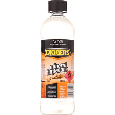 Bottle of Diggers mineral turpentine on a white background