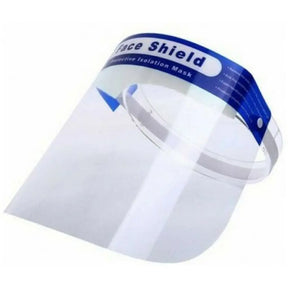 Clear plastic face shield with a blue printed headband label reading 'Face Shield' and 'Protective Isolation Mask' on a white background.