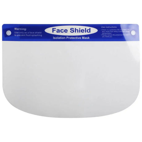A clear plastic face shield isolation protective mask with a blue header band featuring white text that reads 'Face Shield' and 'Isolation Protective Mask'.