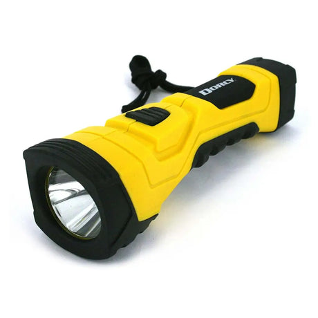 Yellow flashlight with black accents on a white background
