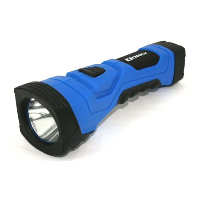 Blue flashlight with black accents on a white background