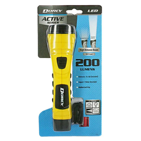 Yellow flashlight with black accents on a Dorcy packaging