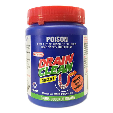 Blue container of drain cleaner with red lid on a white background