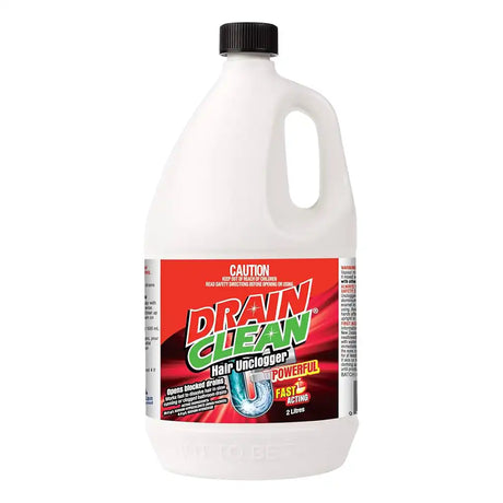 Drain cleaner bottle with a red label on a white background