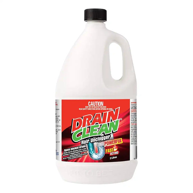 Drain cleaner bottle with a red label on a white background