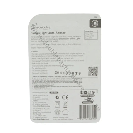 Back of a Dreambaby Swivel Light Auto-Sensor packaging with text and symbols.