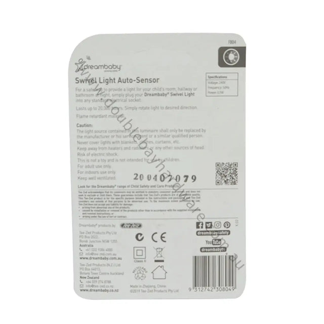 Back of a Dreambaby Swivel Light Auto-Sensor packaging with text and symbols.