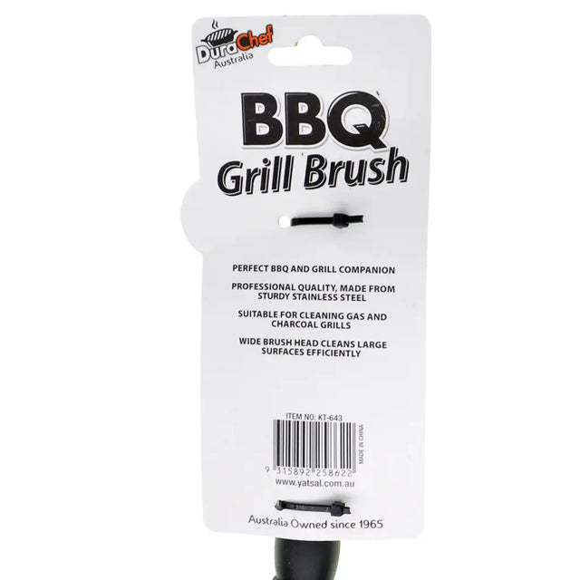 BBQ grill brush packaging with branding on a white background