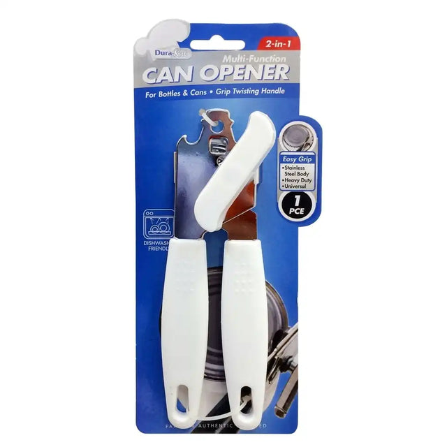 Multi-function can opener with white handles on a blue and white packaging background