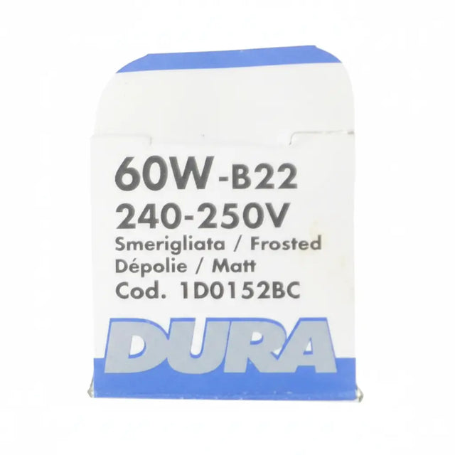 Light bulb packaging with technical specifications and Dura branding on a white background