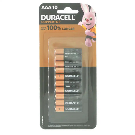 A 10-pack of Duracell AAA Coppertop alkaline batteries in their original blister card packaging, featuring the brown and black battery labels and the Duracell bunny mascot.