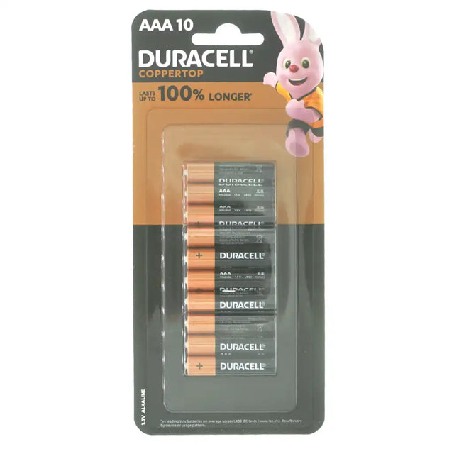A 10-pack of Duracell AAA Coppertop alkaline batteries in their original blister card packaging, featuring the brown and black battery labels and the Duracell bunny mascot.