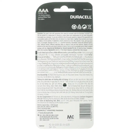The back of a Duracell AAA alkaline battery packaging card, featuring product details, safety instructions, and a barcode on a white background.
