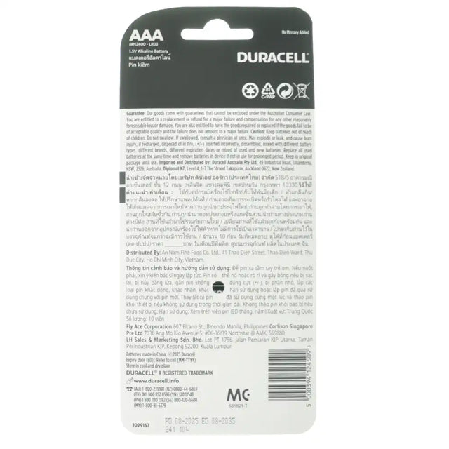 The back of a Duracell AAA alkaline battery packaging card, featuring product details, safety instructions, and a barcode on a white background.
