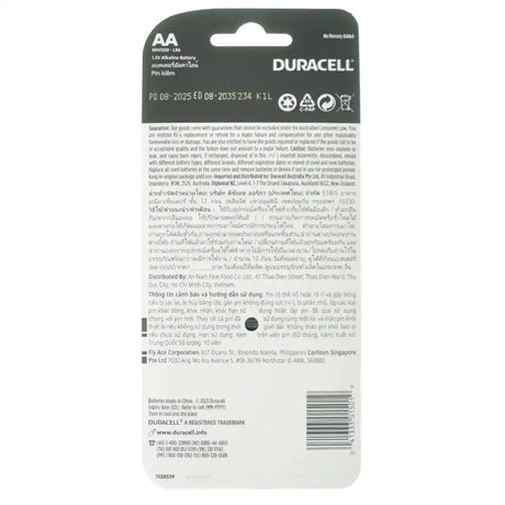 The back of a Duracell AA alkaline battery packaging card, featuring product specifications, safety information, and barcode in black text on a white background.