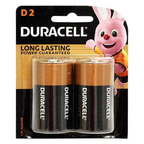 Two Duracell D batteries in packaging with a cartoon character on a white background