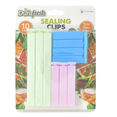 Pack of Durafresh sealing clips with colorful clips on a white background