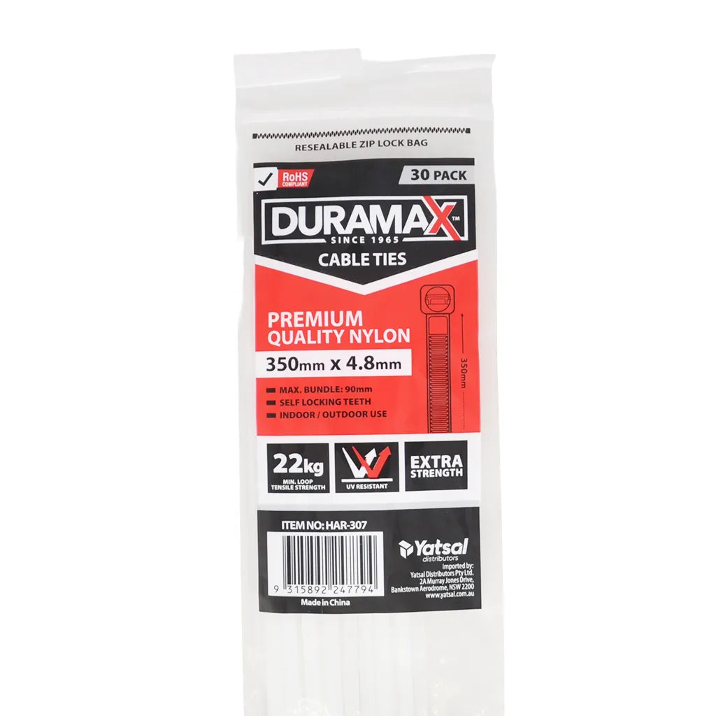 Duramax Cable Ties 350x4.8mm White 30Pcs HAR-307