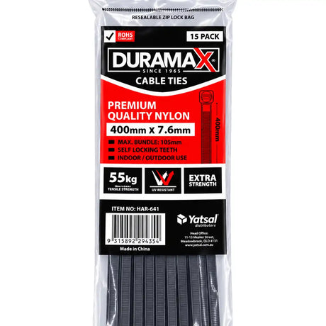 Duramax black nylon cable ties 400 x 7.6mm 15-pack packaging showing UV resistance and 55kg tensile strength