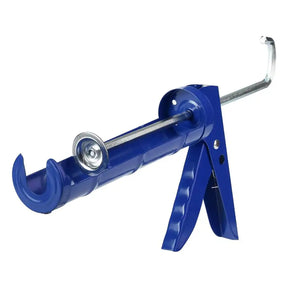 A blue caulking gun with a silver metal plunger and hook, shown on a plain white background.