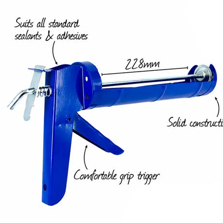Blue caulking gun shown on a white background with handwritten callouts and arrows pointing to features such as a comfortable grip trigger, solid construction, and 228mm length.