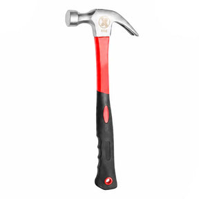 A claw hammer with a polished silver steel head and a handle featuring a red upper section and a black lower grip, isolated on a white background.