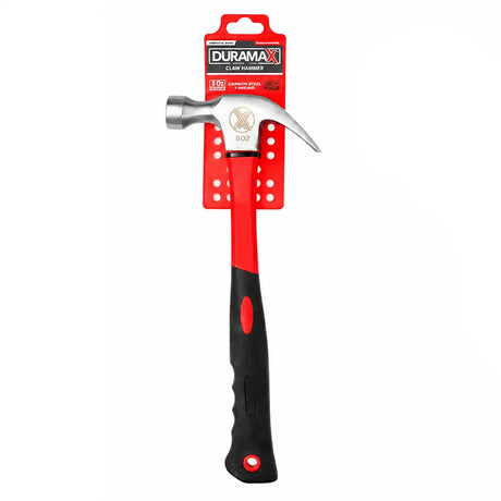 A hammer with a red and black handle and a silver claw head, attached to a red retail hanger card. The brand DURAMAX is clearly visible on the packaging.